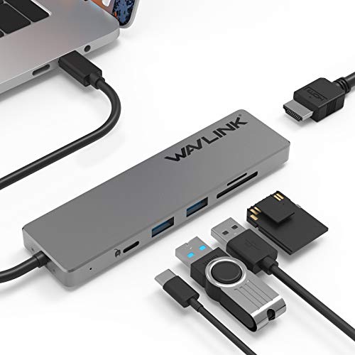 WAVLINK USB Hub 4 Multiport Adapter with USB 3.0 Type-C HDMI and TF SD Card Readers, Ultra-Slim Portable Data Hub for MacBook Air, Mac Mini, iMac, Surface Pro, PC, Flash Drive, Mobile HDD, Aluminum