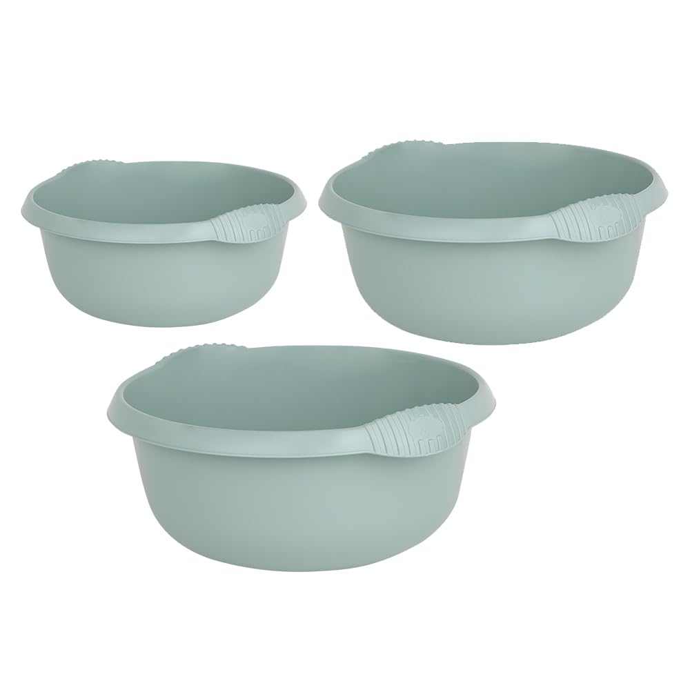 M1ss Silver Sage 3 Piece Multi-Functional Round Plastic Bowl Set Washing Up Bowls With Integral Handles For Sink Basin Kitchen Counter Top (28Cm, 32Cm & 36Cm Bowls) (Silver Sage)
