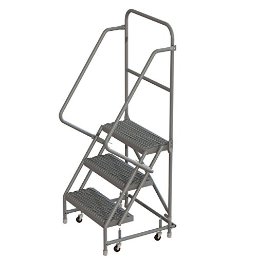 Image of Tri-Arc KDSR103242 3-Step Steel Rolling Industrial and Warehouse Ladder with Handrails and 24 inch Wide Grip-Strut Tread