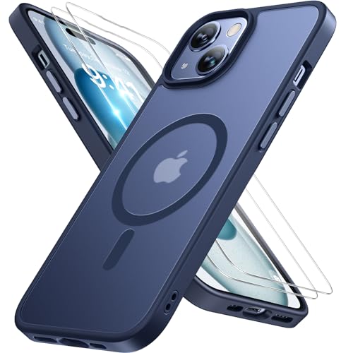 Image of Miracase Magnetic for iPhone 15 Case (Compatible with MagSafe)(with 2X Screen Protectors) Military-Grade Protection, Anti-Fingerprint Translucent Matte Phone Cover for iPhone 15 6.1 inch, Dark Blue