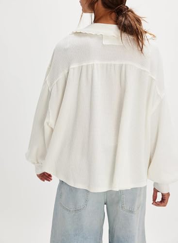 Women's Waffle Knit Tops Collared Solid Color Pullover Long Sleeve V Neck Loose Tunic Babydoll Top Blouse2