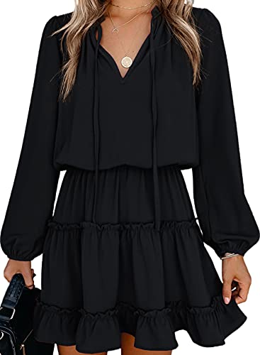 Happy Sailed Womens V Neck Ruffled Layered Chiffon Dress Self Tie Swing Mini Dresses Black Large
