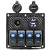 12V 4 Gang Rocket Switch Panel Blue LED Indicator, Waterproof with 15A Fuse 5V Dual 2.1A USB Charger Socket for DC 24V Marine Boat Car Rv Vehicles Truck