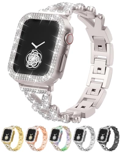 Image of Rhinestones Encrusted Metal Bracelet and Case, Compatible with Apple Watch Bands 38mm-49mm (Series 11 /10 /1 /SE /Ultra 2)- Bling Gold Women's Jewelry Strap, Luxury iWatch Bracelet