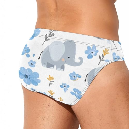 Cute Elephants and Blue Floral Mens Swim Briefs Bikini Sexy Low Rise Trunks Swimsuit Bathing Suit Beach3