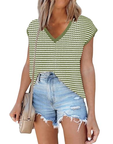 Image of SAUKOLE Women's Sweater Vest Casual V Neck Cap Sleeve Knit Pullover Tops | 2026 Spring Clothes, Soft Knit Shirts, Short Sleeves T-shirts, Tunic Blouses, Sweater Tank Tops