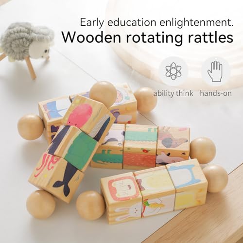 Image of Wooden Animal Puzzle Toy for Toddlers 1-3, Rotating Spin Twist Blocks Set of 2, Learning Educational Montessori Toy Gifts for Kids Boys Girls, Fox and Tiger