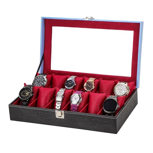 Image of ZENWOOD Black and Red Unisex 12 Slots Watch Box Organizer PU Leather Watches Display Case Storage Box