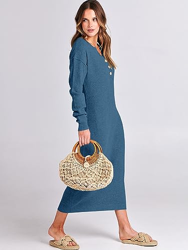 Image of ANRABESS Women Long Sleeve Button V Neck Oversized Casual Loose Fit Waffle Knit Fall Midi Sweater Dress 2026 Trendy Outfits