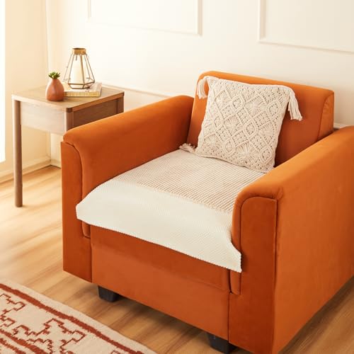 Image of Amazon Basics Knitted Fabric Sofa Cover for Single Seater, Playful Polka Dots, Non-Slip Sofa Pad, 70x70 cm, Soft Silicone Grip Dots, 100% Polyester, Machine Washable - Camel
