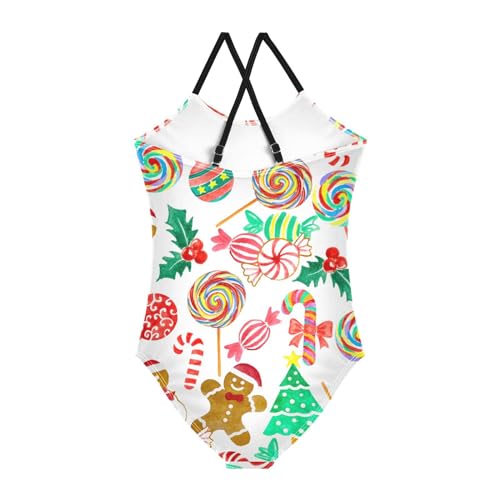 Aflyko Christmas Girls Halter Swimsuit Candy Cane Lollipop Gingerbread One Piece Beach Swimwear 3-10T2