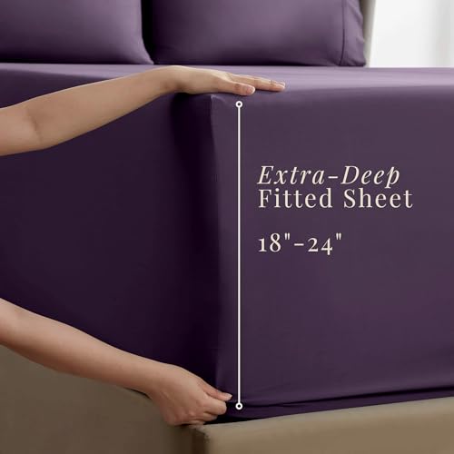 Image of Hearth & Harbor Extra Deep Pocket Sheets - Fits Mattress 18-24 Inches Deep - Extra Deep Pocket Split King Size Sets - 7 Piece Split King Size - Eggplant
