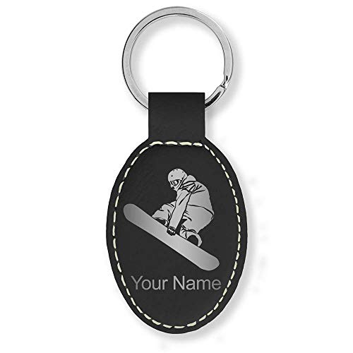 LaserGram Oval Keychain, Snowboarder Man, Personalized Engraving Included (Black with