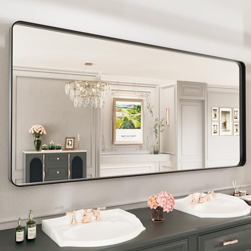 LOAAO 77X36 Inch Black Metal Framed Bathroom Mirror for Wall, Matte Black Bathroom Vanity Mirror Farmhouse, Large Rounded Rectangle Mirror, Anti-Rust, Tempered Glass, Hangs Horizontally or Vertically