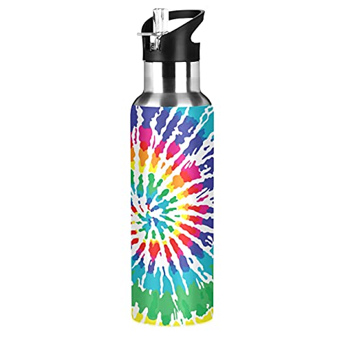 Rainbow Tie Dye Print Water Bottle Drink Flask with Straw Lid Insulated Stainless Steel Thermos Bottle for Boys Girls Gym Sports Leakproof 600 ml