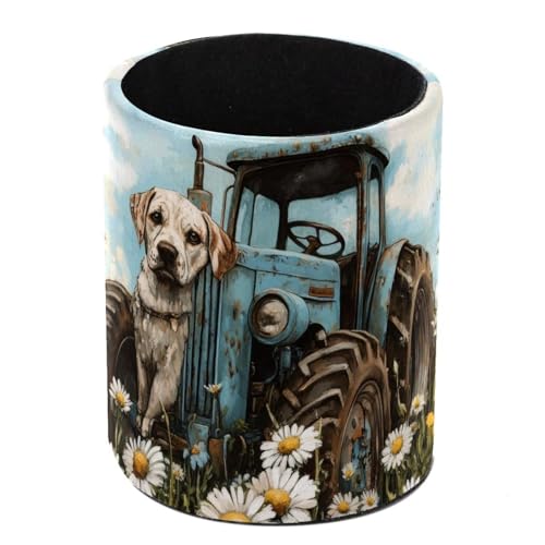 Vcedizo Desk Organizer, Leather Pencil Pen Holder for Desk, Dog Daisy Tractor Rustic Desk Pen Organizer, Art Supply, Pencil Cup for Office, School, Home