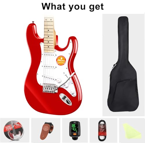 Image of Electric Guitar Beginner Kits, 6 Strings 39 Inch Solid Body Guitarra Electricar Set for Adults With Gig Bag, Strap, Tremolo Arm, Cable & Picks MS100 (Red)