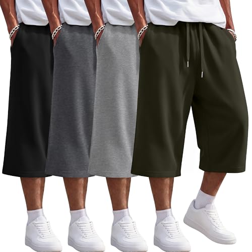 Ficerd 4 Pack Men's Baggy Capri Pants Below Knee Shorts, Small, 4