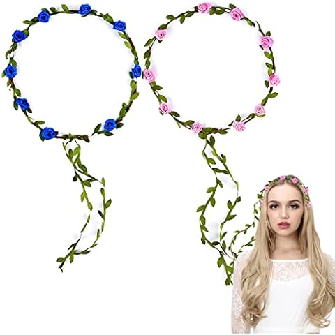 2 PCS Flower Crown Headband Women Garland Headband Hair Floral Wreath Boho Headpiece for Girls Wedding Festival Hair Accessories Cover