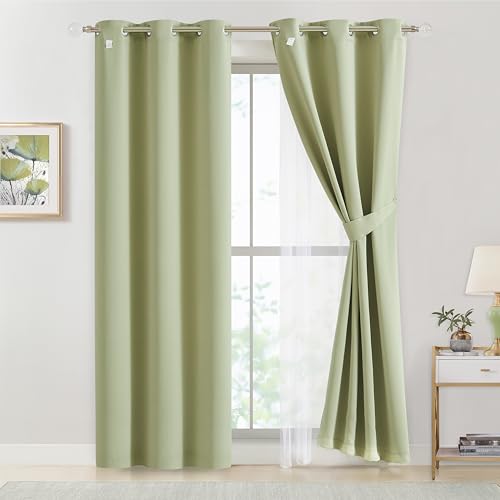 Image of Bujasso Sage Green Blackout Curtains with Sheer Overlay Mix and Match Double Layer Thermal Insulated Window Panels 84 inch for Living Room Bedroom Green Drapes with Tiebacks Grommet Top 54 inch Wx84 Lx2