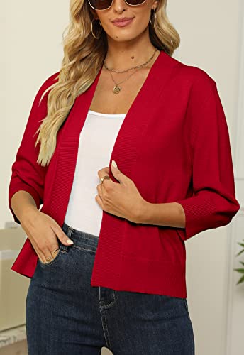 Image of Women's 3 /4 Sleeve Cropped Cardigan Sweater Open Front Short Shrugs Cardigans Lightweight Sweaters