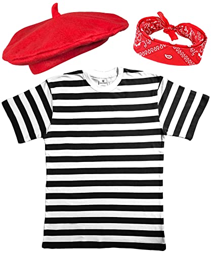 Mega_JumbleSale® Kit de déguisement pour enfant pour homme français ~ T-shirt à rayures, chapeau béret rouge et écharpe rouge – Costume de jour de la Bastille, Noir/rouge/blanc., 9-10 ans
