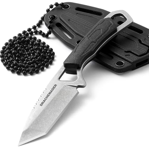DRACHENADER Neck Knife Mini, Small Tanto Neck Knife with Sheath and Necklace, Fulltang Outdoor Mini Knife, Black