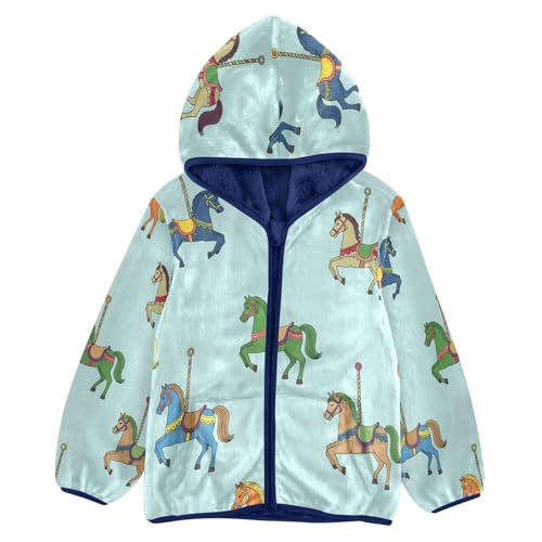 Carousel Horses on Blue Toddler Fleece Jacket Girl Boys Hooded Fleece Jacket Coat Warm Outwear Zip-up 3-10T