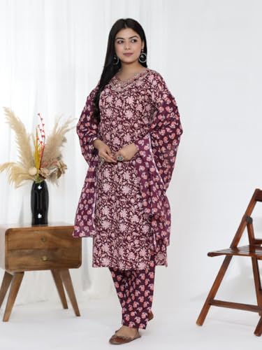 Image of Women's Cotton Floral Printed Ethnic Wear Kurta Set with Dupatta (Women-Kurti-Set)