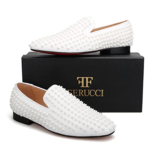 FERUCCI Men White Spikes Slippers Loafers Flat with Crystal GZ Rhinestone Prom Wedding3