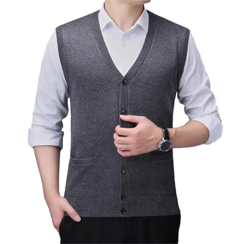 Men Autumn Winter Wool Vest Middle-Aged Sleeveless Knitted Sweater Cardigan Loose V-Neck Solid Waistcoat