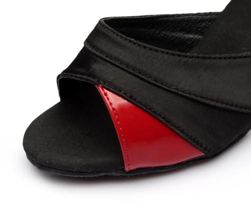Women's Latin Salsa Dance Shoes,Black Satin Ballroom Heels,Cross-Strap Professional Practicing Shoes2