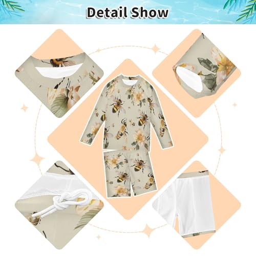 Lovely Bee Floral Boys Swimsuit Rash Guard Toddler Kids Long Sleeve Swim Shirt and Trunks Swimwear Set 3-10Y3