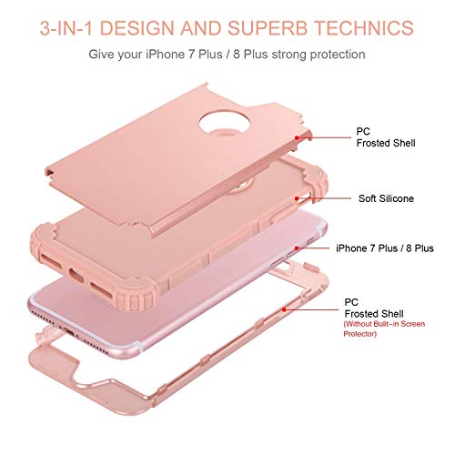 Iphone 8 Plus Case,Iphone 7 Plus Case,Bentoben 3 In 1 Hybrid Hard Pc Soft Rubber Heavy Duty Rugged Bumper Shockproof Anti Slip Full-Body Protective Phone Case For Apple Iphone 8 Plus/7 Plus,Rose Gold #TOP2