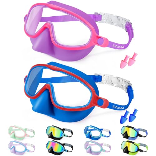 Vvinca Kids Swim Goggles with Nose Cover 2 Pack for 3-15 Anti-Fog Wide View