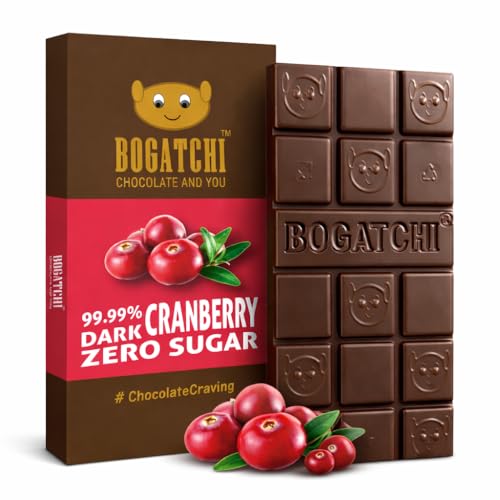 Image of BOGATCHI Premium 99% Dark Chocolate with Cranberry | Zero Sugar Luxury Dark Chocolate Bar | Real Cocoa Intense Rich Taste | Healthy Guilt-Free Snack | Antioxidant Rich Chocolate, 60g Pack