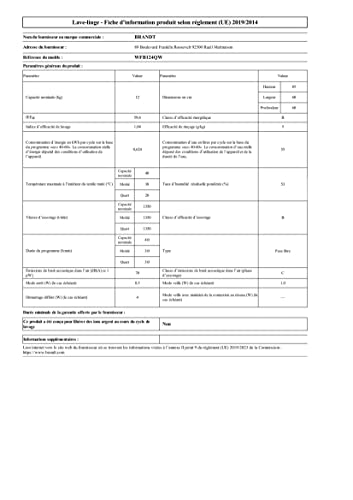 Lave linge hublot BRANDT WFB124QW HYGIENE + - vue 5