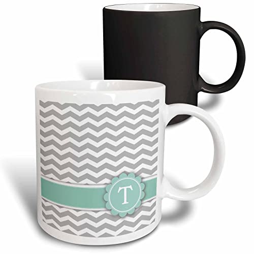 3dRose Letter T grey white chevron mint zigzags 11oz Magic Transforming Mug