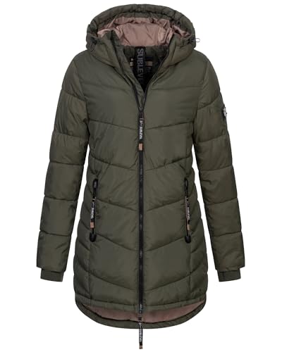 Sublevel Damen Winter Jacke Mantel Parka Steppjacke Steppmantel Wintermantel, Farbe:Olive, Größe:XL (42)