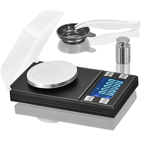 RASSE Digital Pocket Scale 50 x 0.001g, Mini Jewelry Gold Lab Carat Powder Weigh Scales with Calibration Weights Tweezers, Weighing Pans, LCD Display, Acrylonitrile Butadiene Styrene Cover