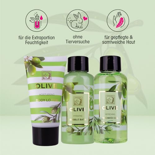 Accentra – Duschset Frauen Geschenkset OLIVE in schöner Geschenkbox – 3-teiliges Pflegeset mit Duschgel, Bodylotion und Schaumbad – Wellness Geschenk Set zum Valentinstag, Muttertag & Weihnachten