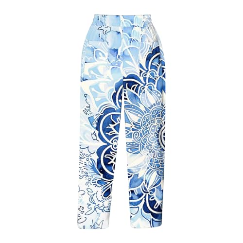 Womens Cropped Trousers Elastic High Waist Wide Leg Capri Pants Comfy Loose Fit Tie-dye Print Pants Fashion Trousers Light Blue4