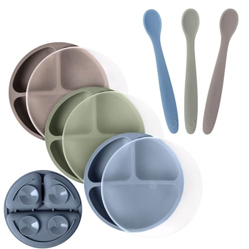 Image of WeeSprout 3 Suction Plates with Lids & 3 Soft-Tip Spoons Bundle - Complete Mealtime Set - Silicone Baby Dinnerware - Divided Toddler Plates - Microwave & Dishwasher Safe