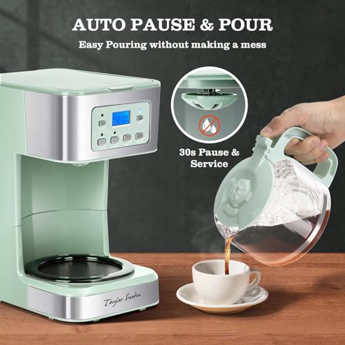 Image of Taylor Swoden 12-Cup Programmable Coffee Maker, Regular & Strong Brew Drip Coffee Machine for Home and Office, Glass Carafe, Pause & Serve, Auto Shut Off, Green & Stainless Steel
