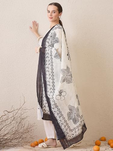 Image of INDO ERA Women's Straight Linen Floral Embroidered Kurta & Pant With Dupatta Set (IESTR10640)