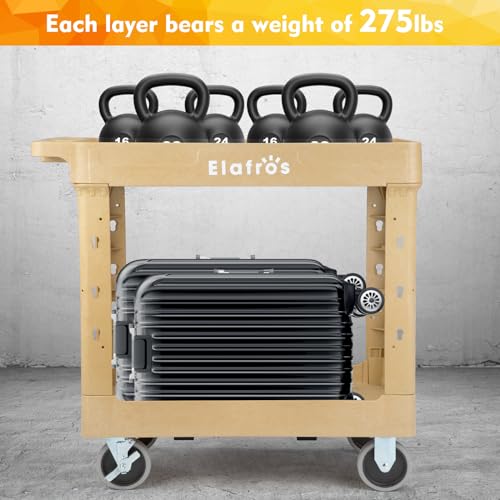 Image of ELAFROS 2-Tier Heavy Duty Rolling Cart, 34 x 17 in, 2 Fixed 2 Swivel, Sand