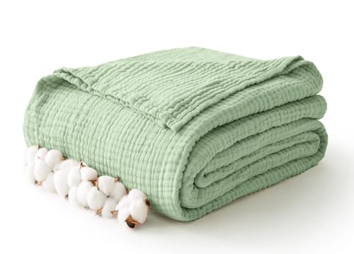 Image of 100% Cotton Muslin Blanket Queen 90 inch x 90 inch, 6 Layers Breathable and Lightweight Cotton Throw Blanket for Bed, Soft Quilt Bedspread Coverlet, Gauze Blanket for Adults All Season, Sage Green