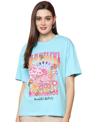 Image of Preneum Women's Cotton Aesthetic & Cool Graphic Printed Baggy Fit Drop-Shoulder Sleeves Cotton Oversized T-Shirt || Printed