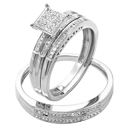 Dazzlingrock Collection 0.20 Carat (ctw) Round Diamond Men & Women's Engagement Ring Trio Bridal Set 1/5 CT, Sterling Silver