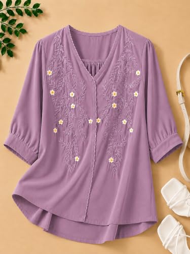 Image of RIEKA Womens Embroidered Korean Style Top and Tunic; V Neck| Floral Thread Embroidery| Three Quarter Puff Sleeves |Relaxed Fit Curved Hem| Casual Everyday Fusion Top